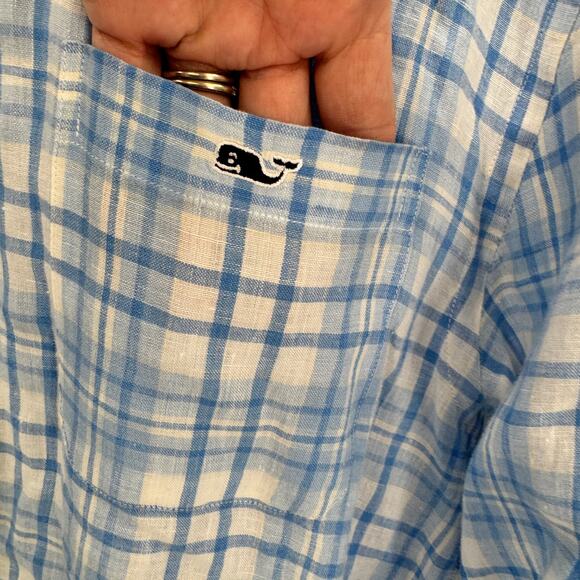 Vineyard Vines Shirt Mens Medium Blue Plaid Linen Button Down Classic Fit Tucker - Picture 3 of 7